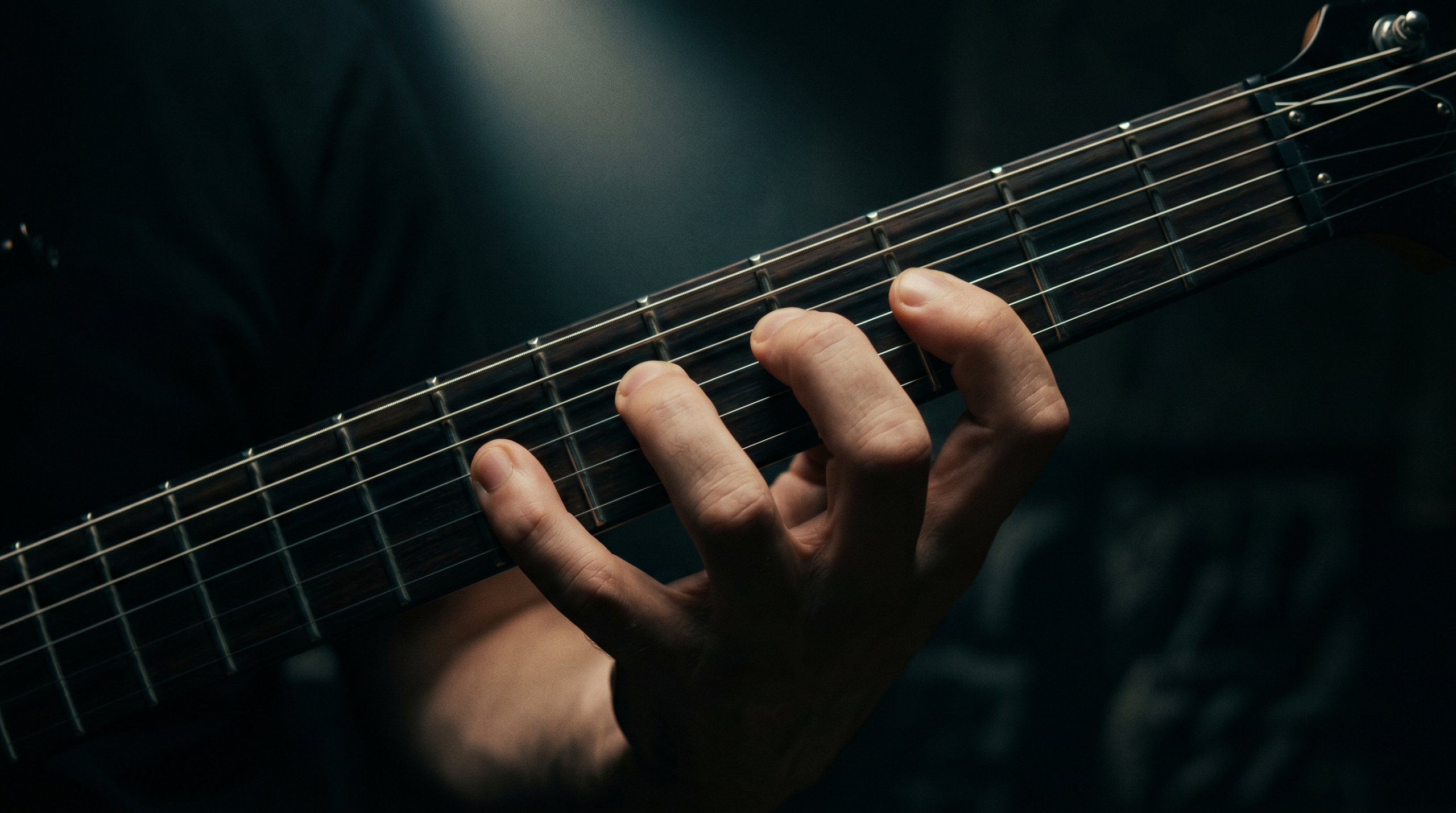 Guitarist's hand in an extreme four-fret stretch position on an electric guitar neck