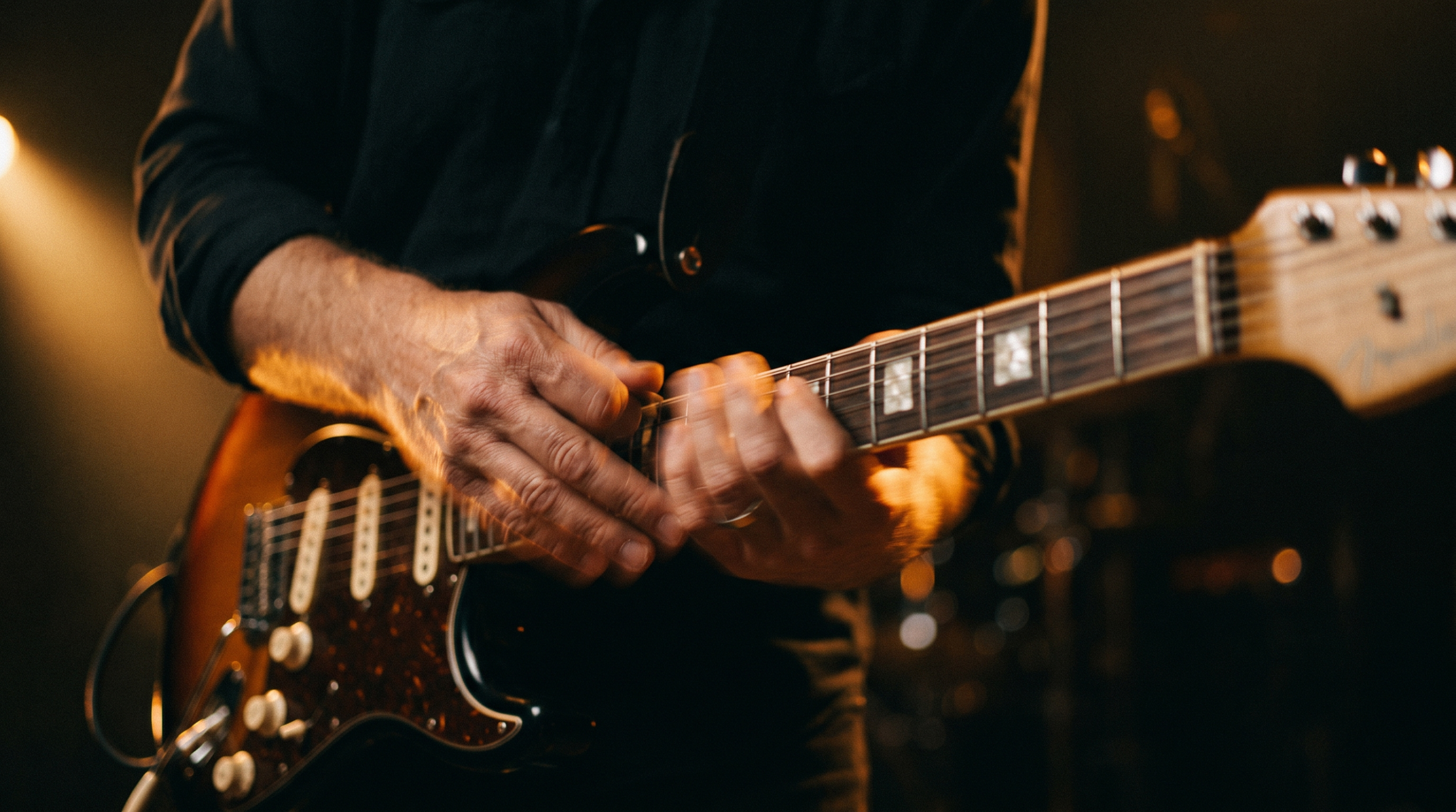 Guitarist's hand shifting position up the fretboard mid-solo