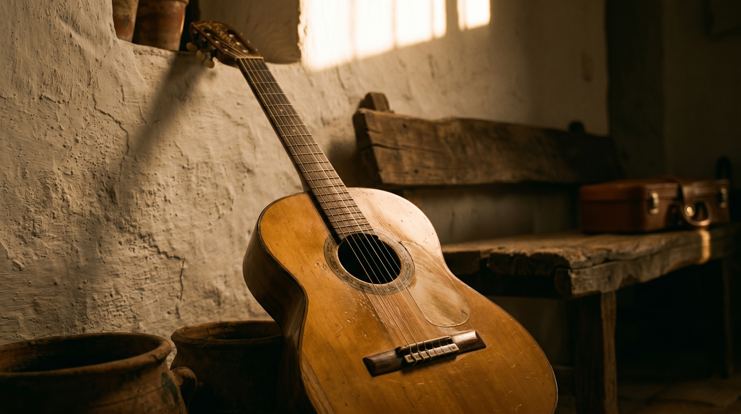 Flamenco acoustic guitar resting against a whitewashed wall in warm Mediterranean light
