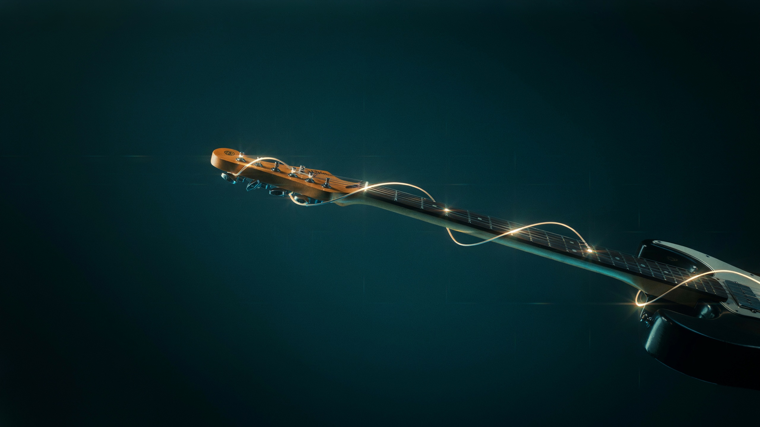 Glowing guitar fretboard with wide-spaced notes illustrating Allan Holdsworth's outside scale sound