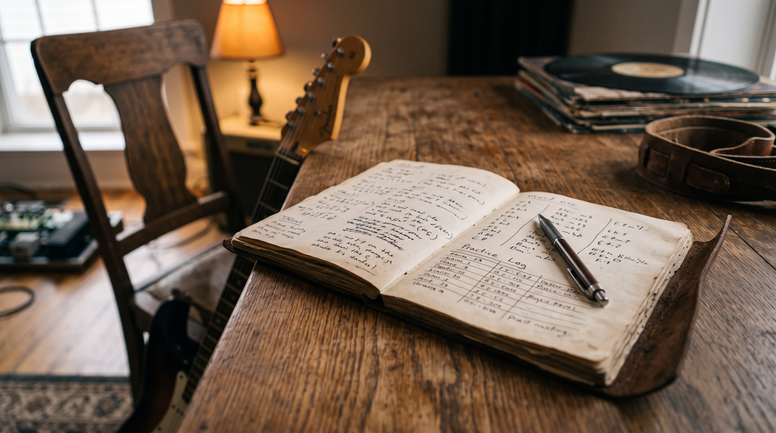 Open practice journal with handwritten notes and a guitar neck blurred in the background