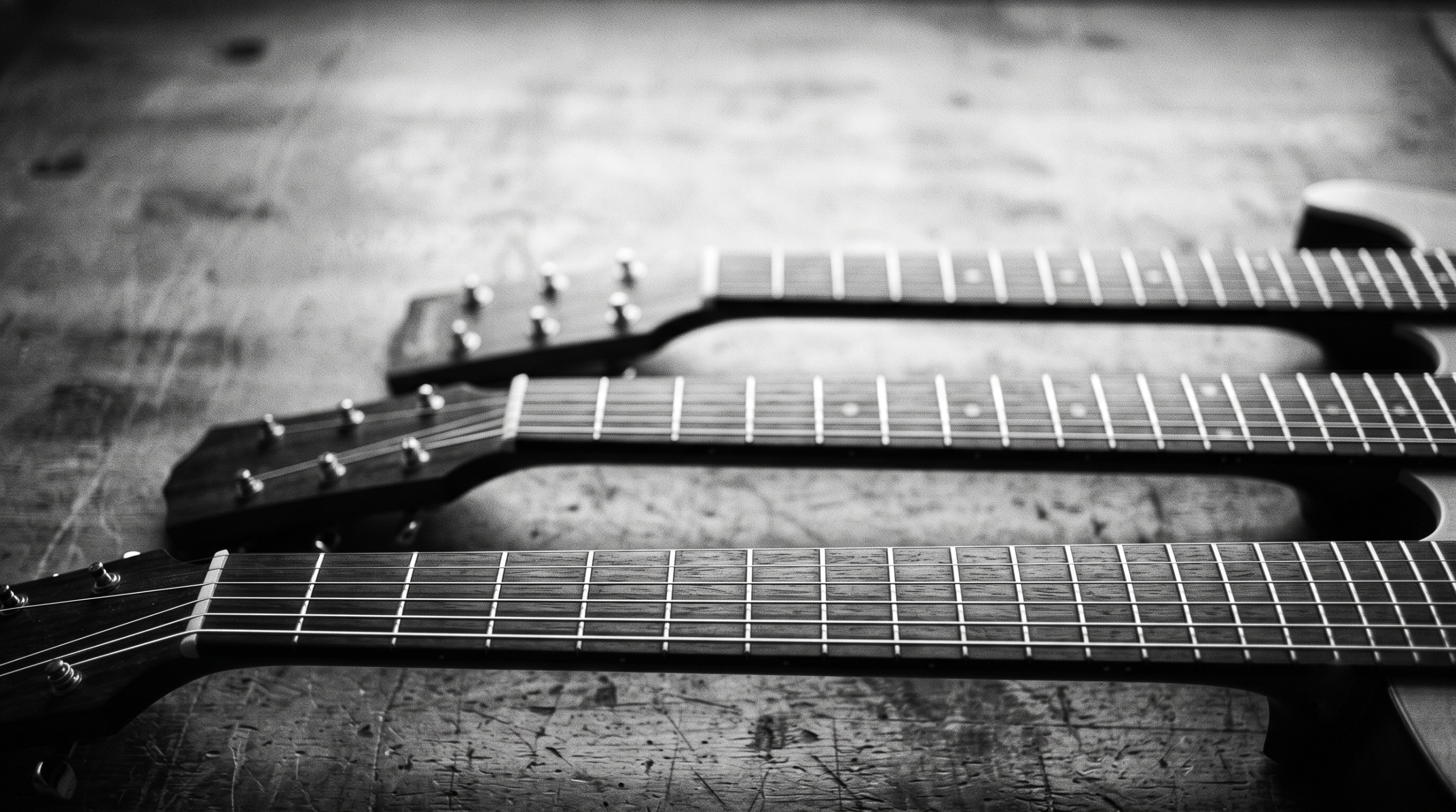 Black and white photo of several guitar necks laid side by side, one in sharp focus